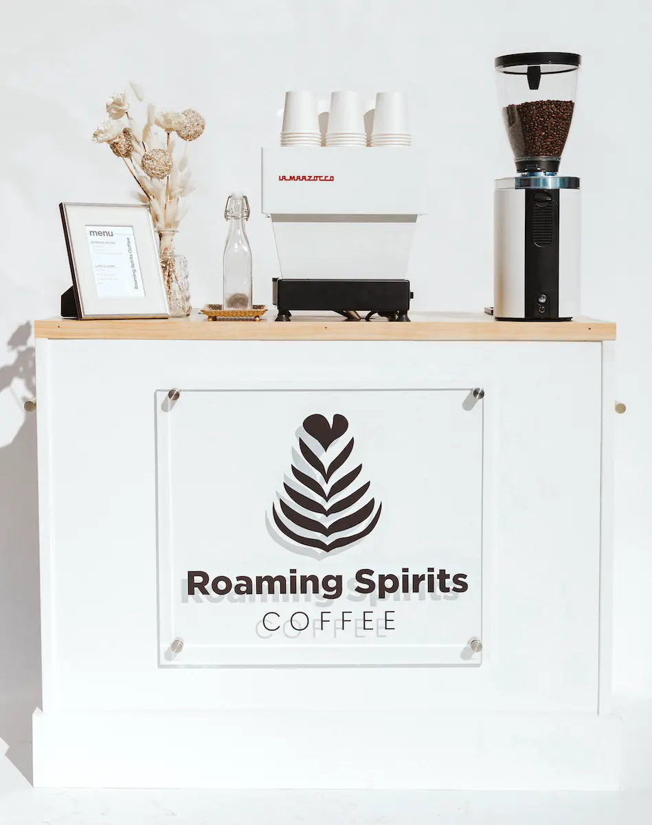 Custom Roaming Spirts Coffee espresso cart with light wood bar top