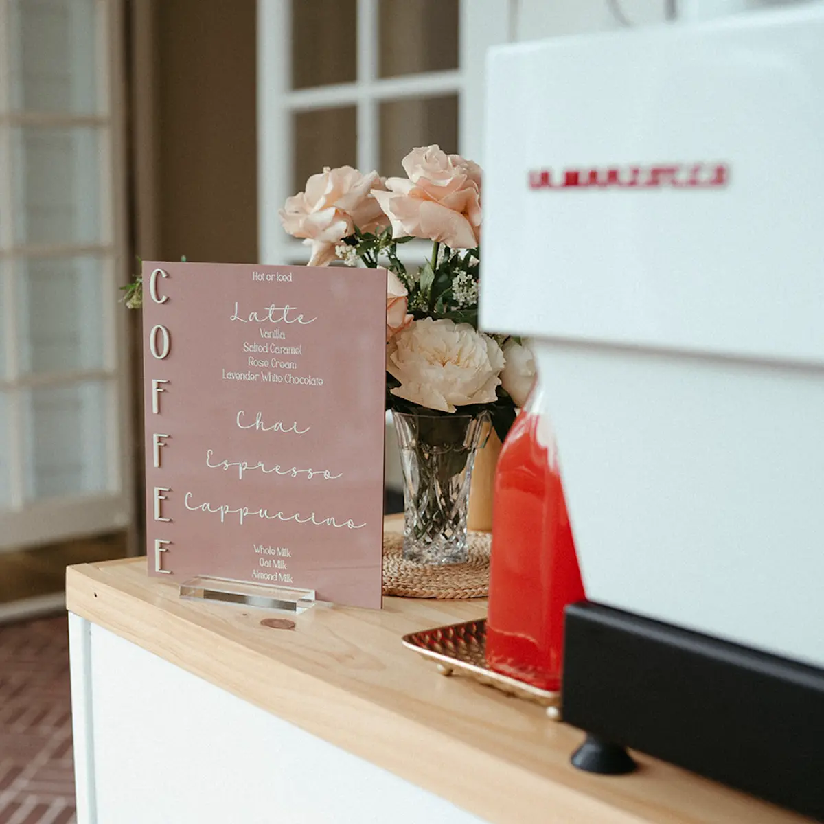 A Roaming Spirts Coffee espresso cart with a custom private event menu