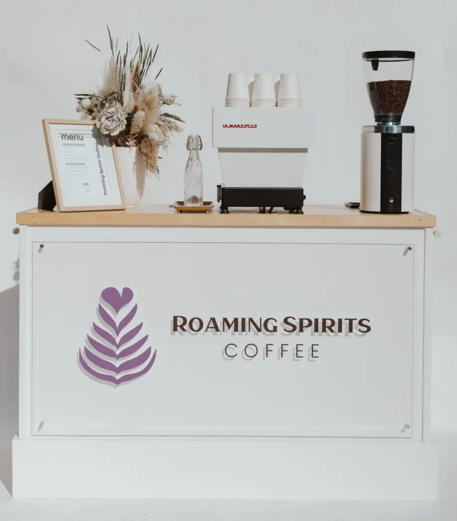 Custom Roaming Spirits Coffee mobile espresso bar cart with light wood bar top