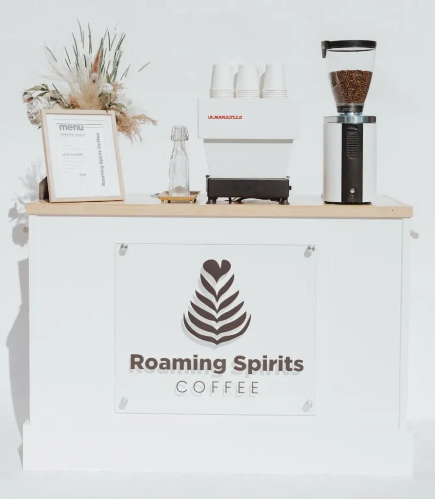 Custom Roaming Spirits Coffee mobile espresso bar cart with light wood bar top