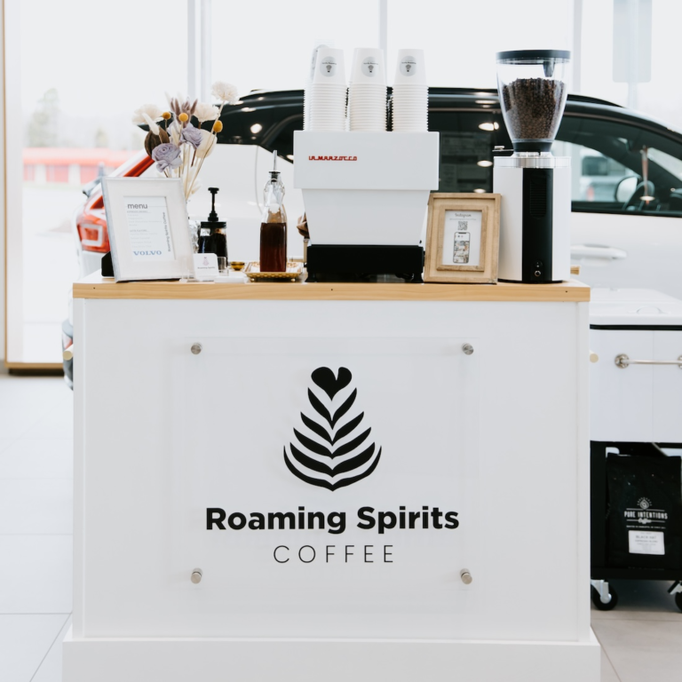 Custom Roaming Spirts Coffee espresso cart with light wood bar top private car dealership event